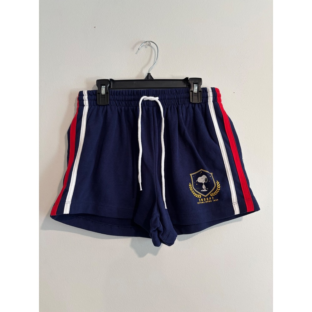 Peanuts Snoopy Lounge Shorts Women small Navy Blue Side Stripe Drawstring